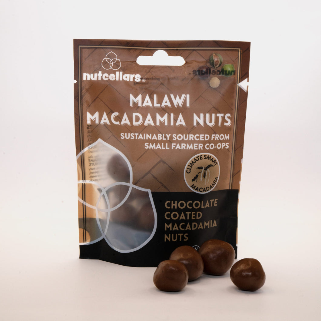 Chocolate coated macadamia nuts in a snack sized bag 45g. Macadamias from smallholder farmers in Malawi