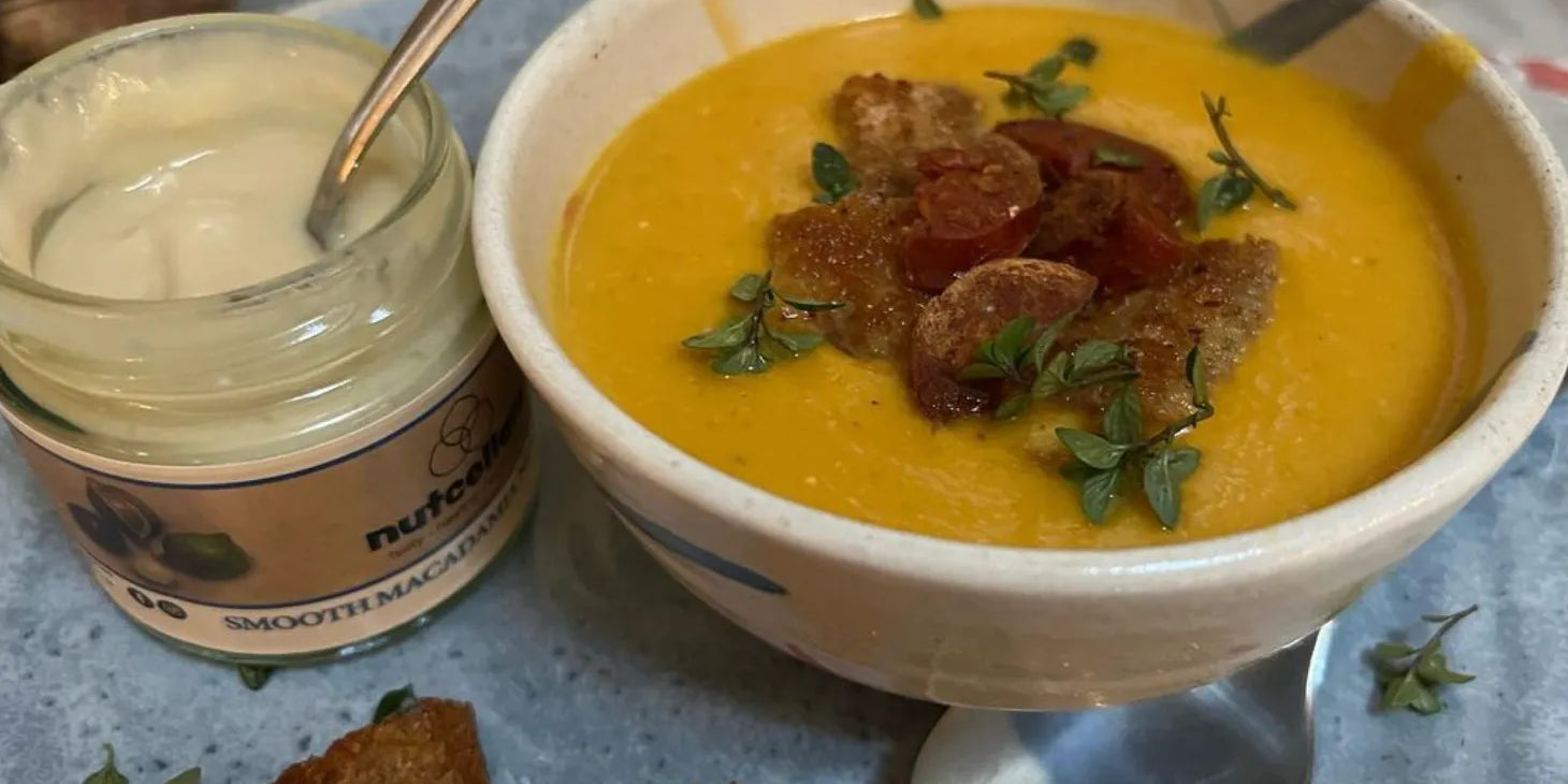 Carrot and Macadamia soup with Croutons and Chorizo Garnish