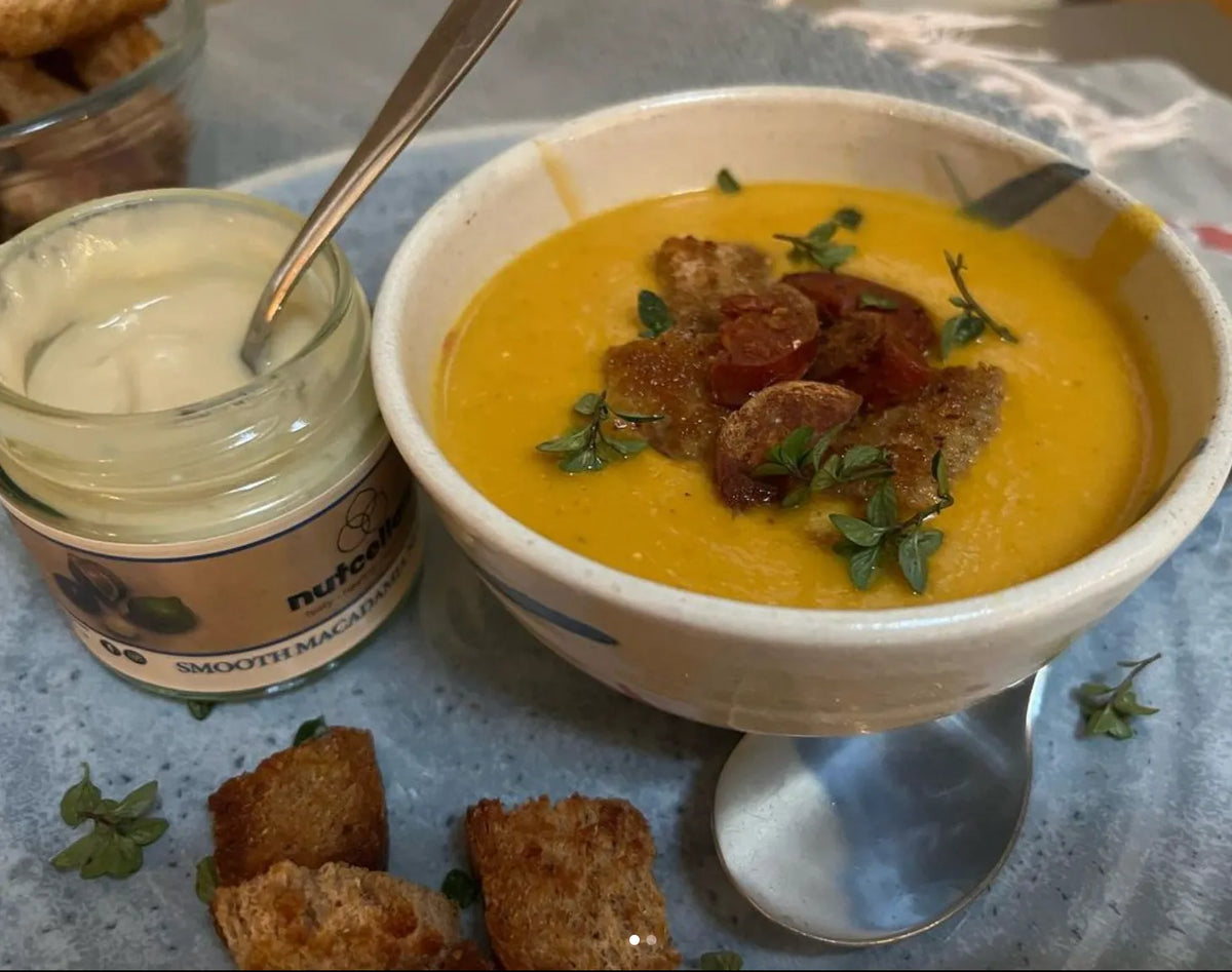 Carrot and Macadamia soup with Croutons and Chorizo Garnish