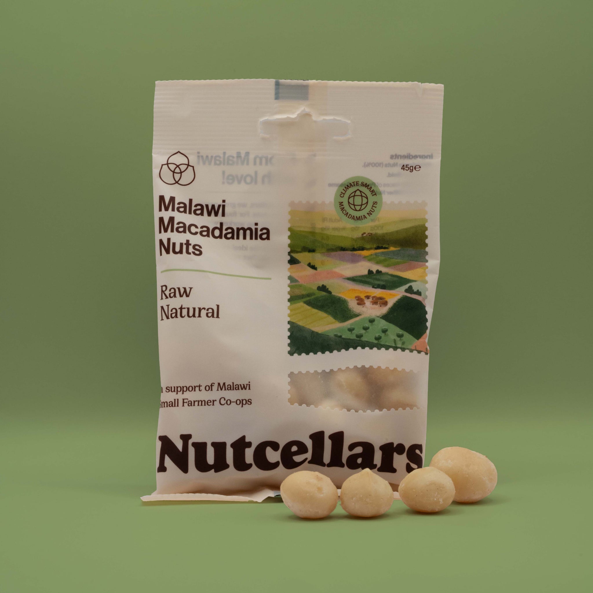 Bag of Nutcellars Malawi Macadamia Nuts on a green background